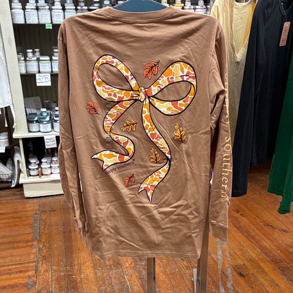 Simply Southern Brown Long Sleeve Tee with Orange Bow